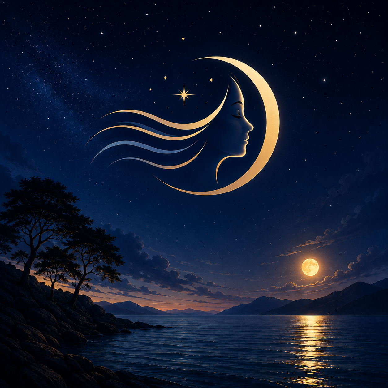 HypnoDeNuit, lune dorée dans un ciel étoilé au-dessus d'un lac nocturne